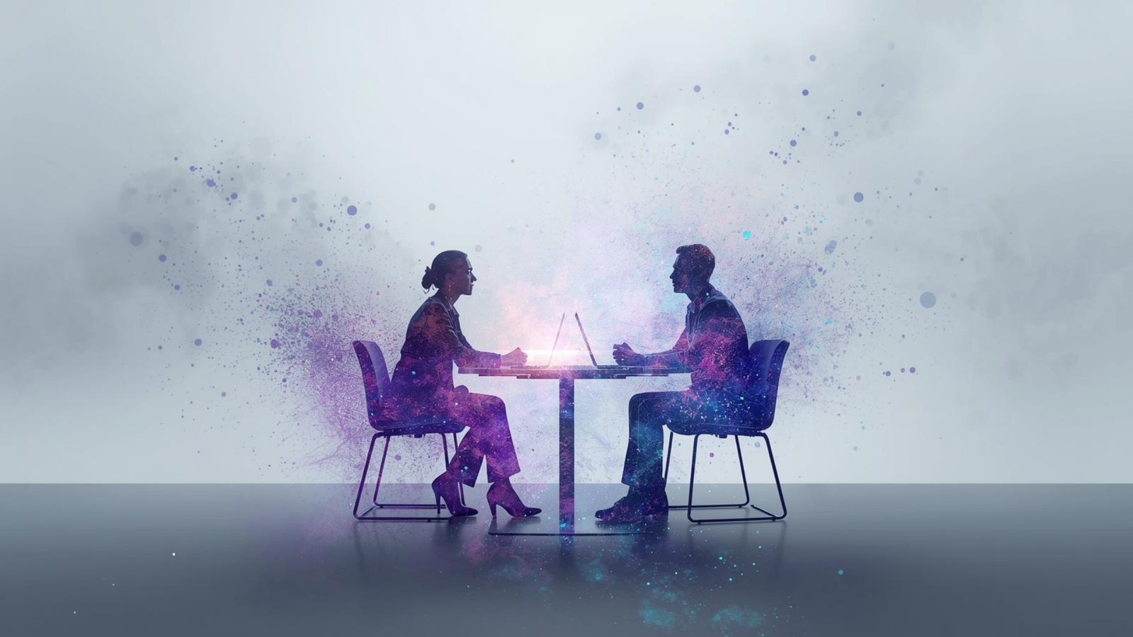 Abstract silhouettes dissolving into particles representing managed offshore team building process